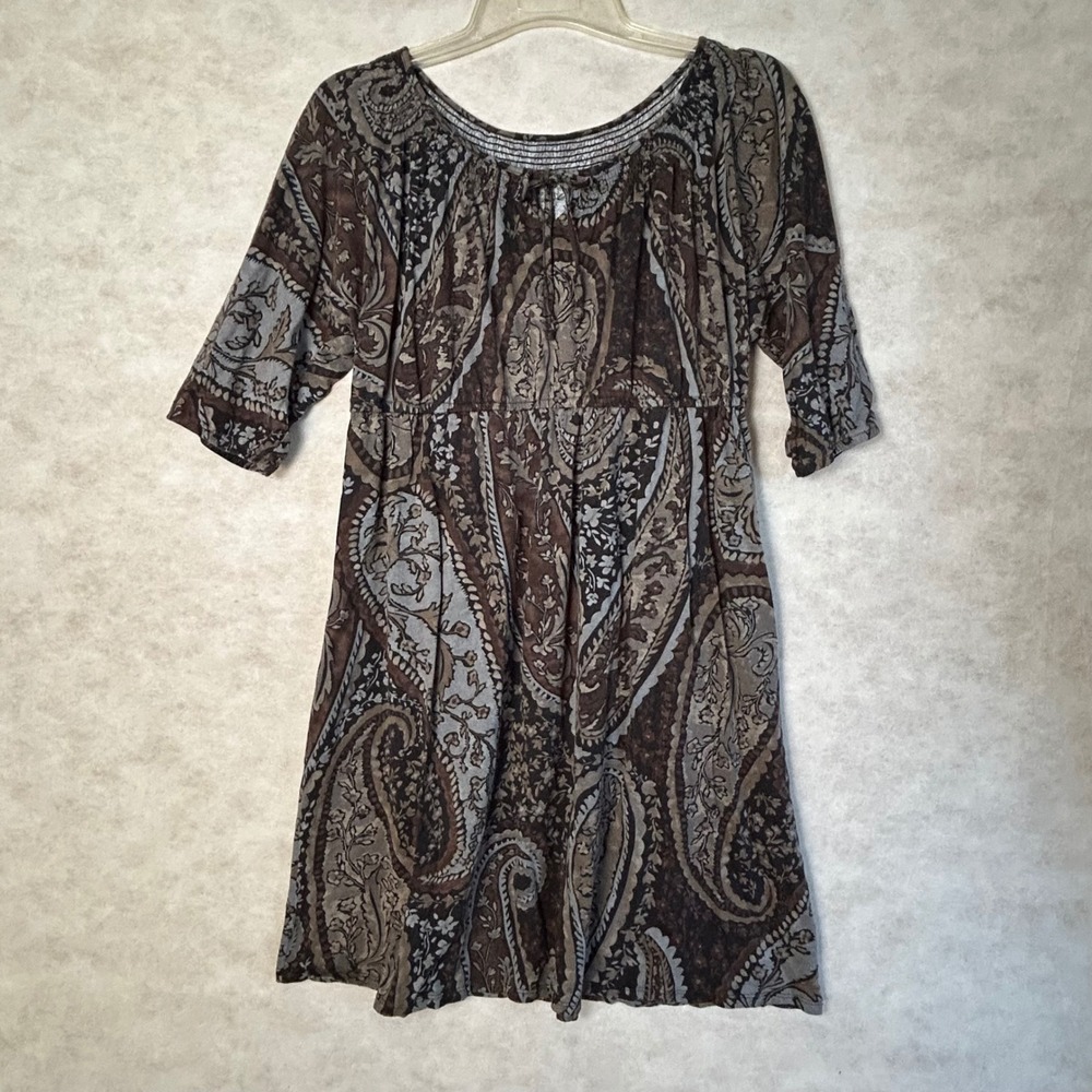 Sonoma Life + Style Women XL Paisley Mini Dress Brown Blue Boho Empire Waist